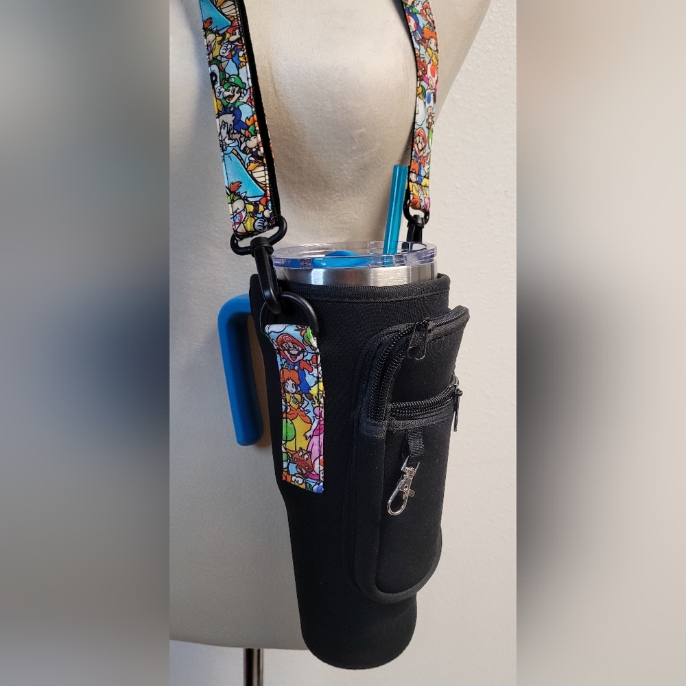 Black Tumbler Holder with Colorful Strap Adjustable And RemovableMario Bro.Game